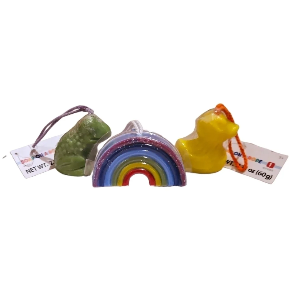 Soap On A Rope Set Of 3 Soaps with Frog, Duck, and Rainbow, NWT
